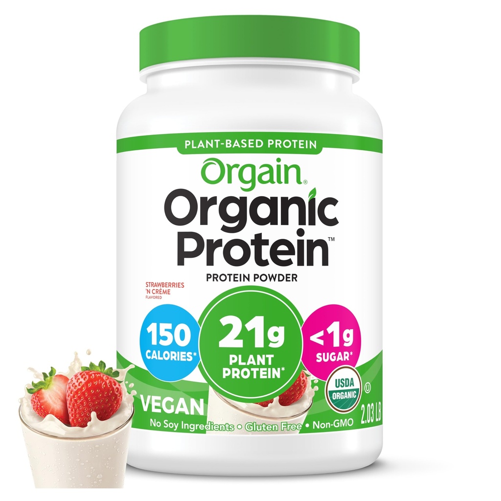 Orgain Organic Vegan Protein Powder, Strawberries & Cream - 21g Πρωτεΐνης με βάση το φυτό, Χαμηλά Καθαρά Καρβίδια, Χωρίς Γλουτένη/ Λακτόζη, Χωρίς Ζάχαρη Προστέθηκε, Χωρίς Σόγια, Μη ΓΤΟ, 2.03 Lb