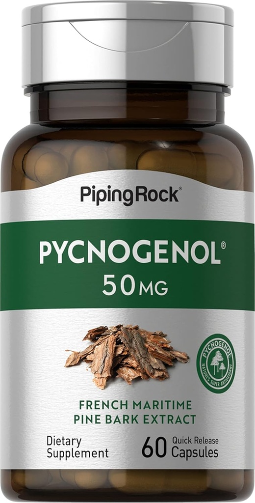 Piping Rock Pycnogenol Supplement | 50 mg | 60 Capsules | French Maritime Pine Bark Extract | Pinus Pinaster for Men and Women | Non-GMO, Gluten Free