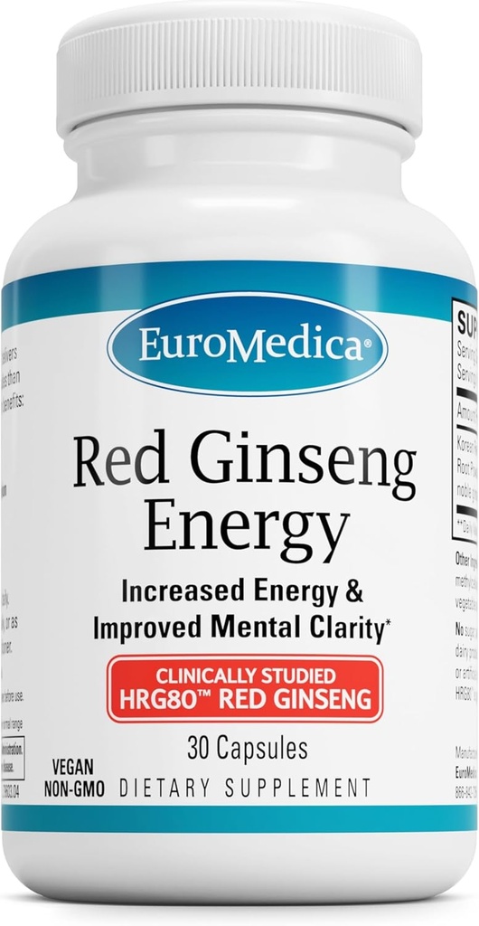 EuroMedica Red Ginseng Energy - Συμπλήρωμα Υποστήριξης Υγιεινής Ενέργειας & Εστίασης - Συμπλήρωμα βοτάνων με κορεατική κόκκινη σκόνη ρίζας Ginseng - Vegan Tablets to Aid Healthy Endurance - 30 Κάψουλες