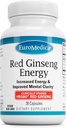 EuroMedica Red Ginseng Energy - Συμπλήρωμα Υποστήριξης Υγιεινής Ενέργειας & Εστίασης - Συμπλήρωμα βοτάνων με κορεατική κόκκινη σκόνη ρίζας Ginseng - Vegan Tablets to Aid Healthy Endurance - 30 Κάψουλες