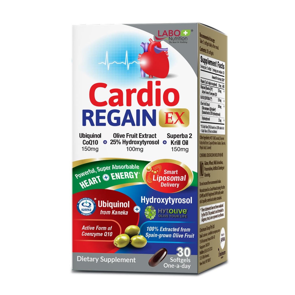 LABO Nutrition CardioREGAIN EX – Ubiquinol CoQ10 συμπλήρωμα με Kaneka QH 150mg, εκχύλισμα ελιών (25% hydroxytyrosol), λάδι κριλ – καρδιά, κυτταρική ενέργεια, λιποσωμική απορρόφηση, μη-GMO, χωρίς σόγια