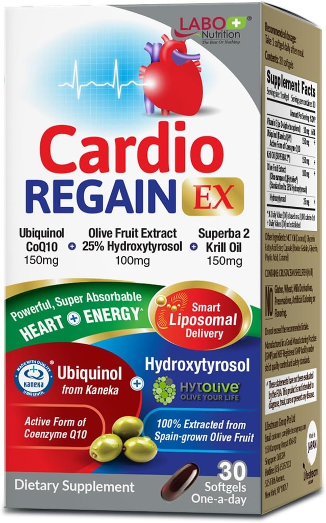 LABO Nutrition CardioREGAIN EX – Ubiquinol CoQ10 Supplement with Kaneka QH 150mg, Olive Fruit Extract (25% Hydroxytyrosol), Krill Oil – Heart, Cellular Energy, Liposomal Absorption, Non-GMO, Soy-Free