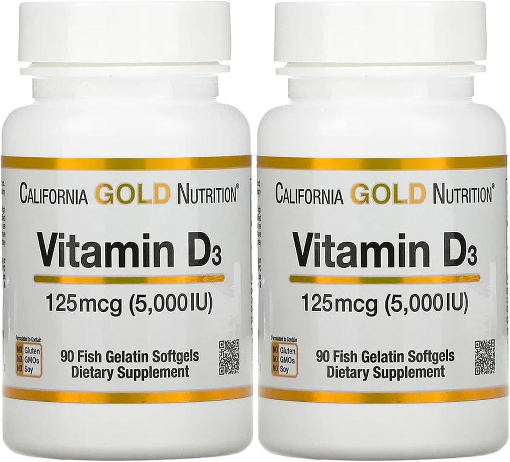 Συμπλήρωμα βιταμίνης D3 από την Καλιφόρνια Gold Nutrition - Υποστήριξη για υγιή οστά & δόντια - Υποστήριξη ανοσοποιητικού συστήματος - Χωρίς γλουτένη, μη ΓΤΟ - 125 mcg (5.000 IU) - 2 Συσκευασία των 90 ψάρια Ζελατίνη Softgels Κάθε