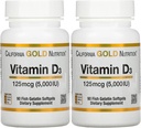 Συμπλήρωμα βιταμίνης D3 από την Καλιφόρνια Gold Nutrition - Υποστήριξη για υγιή οστά & δόντια - Υποστήριξη ανοσοποιητικού συστήματος - Χωρίς γλουτένη, μη ΓΤΟ - 125 mcg (5.000 IU) - 2 Συσκευασία των 90 ψάρια Ζελατίνη Softgels Κάθε