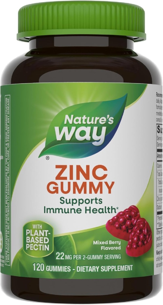 Nature's Way Zinc Gummies, Adult & Kids 9+ Ανοσοποιητική υποστήριξη Gummies*, 100% Ημερήσια αξία ανά υπηρεσία, μικτή γεύση μούρου, 120 μάσημα