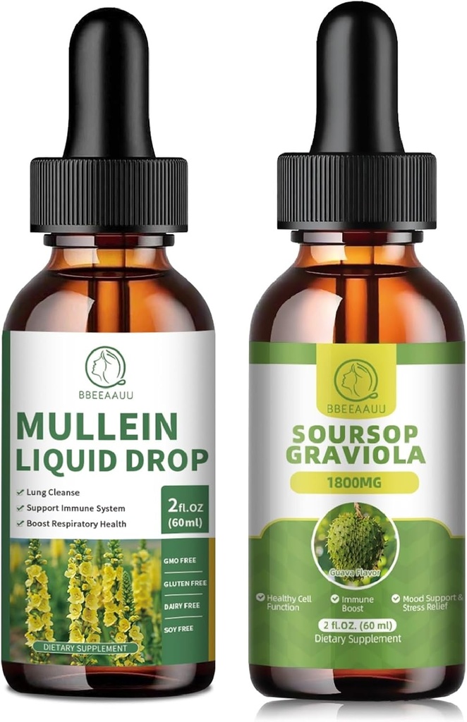 Mullein Drops for Lungs, Mullein Leaf Extract 1000MG for Lung Cleanse & Soursop Graviola Liquid Drops 1800mg, Soursop Leaves Extract for Cell Regeneration