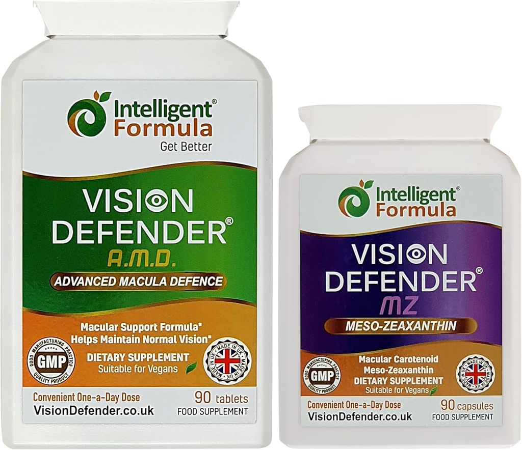 Vision Defender AMD και Vision Defender MZ Macula Health Bundle - AREDS2 Formula Ενισχύεται από Optimum υψηλής αντοχής Μεσο-Ζεαξανθίνη Vegan Health Supplement (Εφοδιασμός 90 ημερών)