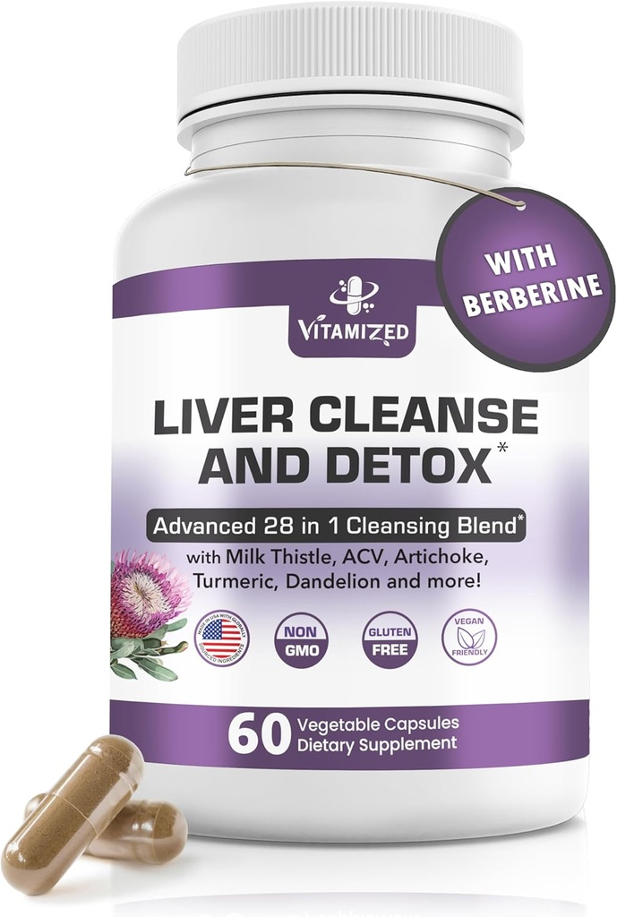 Liver Cleanse Detox & Επισκευή λιπαρών συμπληρωμάτων ήπατος 28-σε-1 Advanced Herbal Liver Health Supplement Formula - Γάλα γαϊδουράγκαθο Silymarin, εκχύλισμα Artichoke, Dandelion & μηλίτη Ξίδι - 60 χάπια