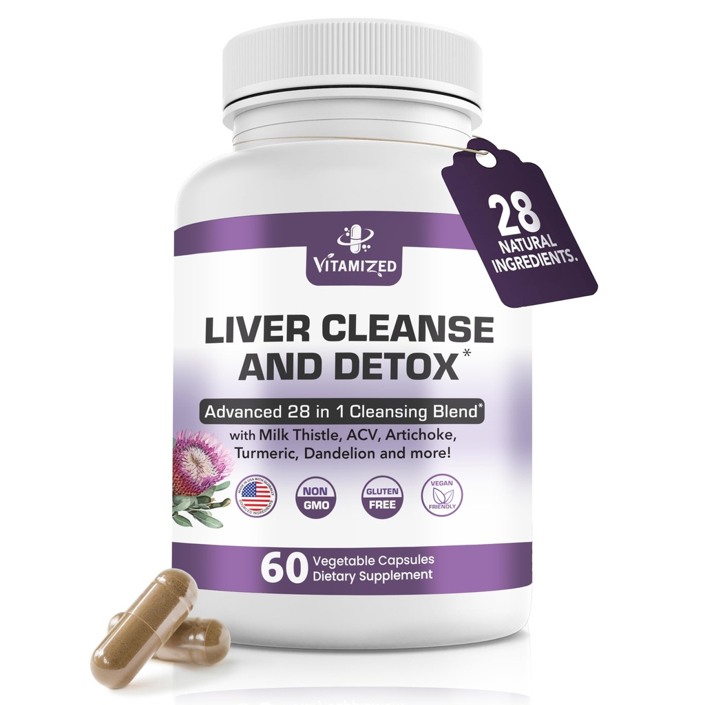 Liver Cleanse Detox & Επισκευή λιπαρών συμπληρωμάτων ήπατος 28-σε-1 Advanced Herbal Liver Health Supplement Formula - Milk Thetle Silymarin, Artichoke Extract, Dandelion & Apple Cider Vinegar - 60 χάπια