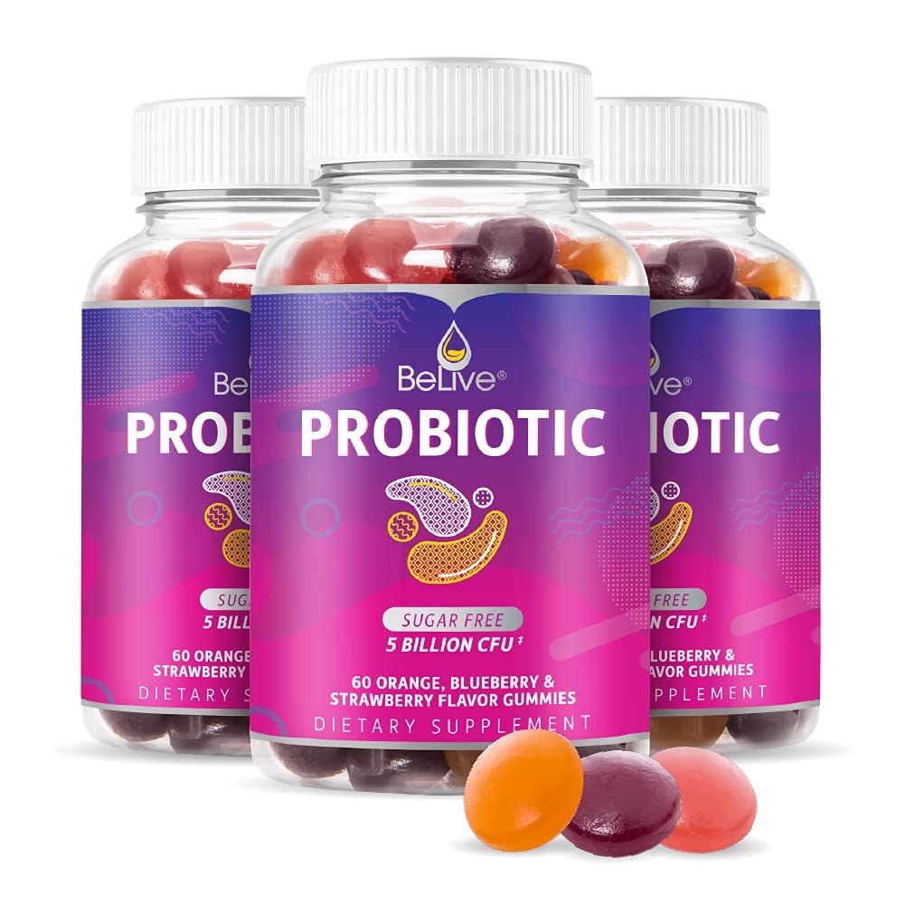 BELive Probiotic Gummies - Προβιοτικά με 5 δισεκατομμύρια CFUs για Digestive Υγεία, Άνδρες, Γυναίκες & Παιδιά Συμπληρώματα Προβιοτικής για την Ανοσολογική Υποστήριξη, Ζάχαρη Δωρεάν & Vegan – Βατόμουρο, Φράουλα & Πορτοκάλι 3-Pack