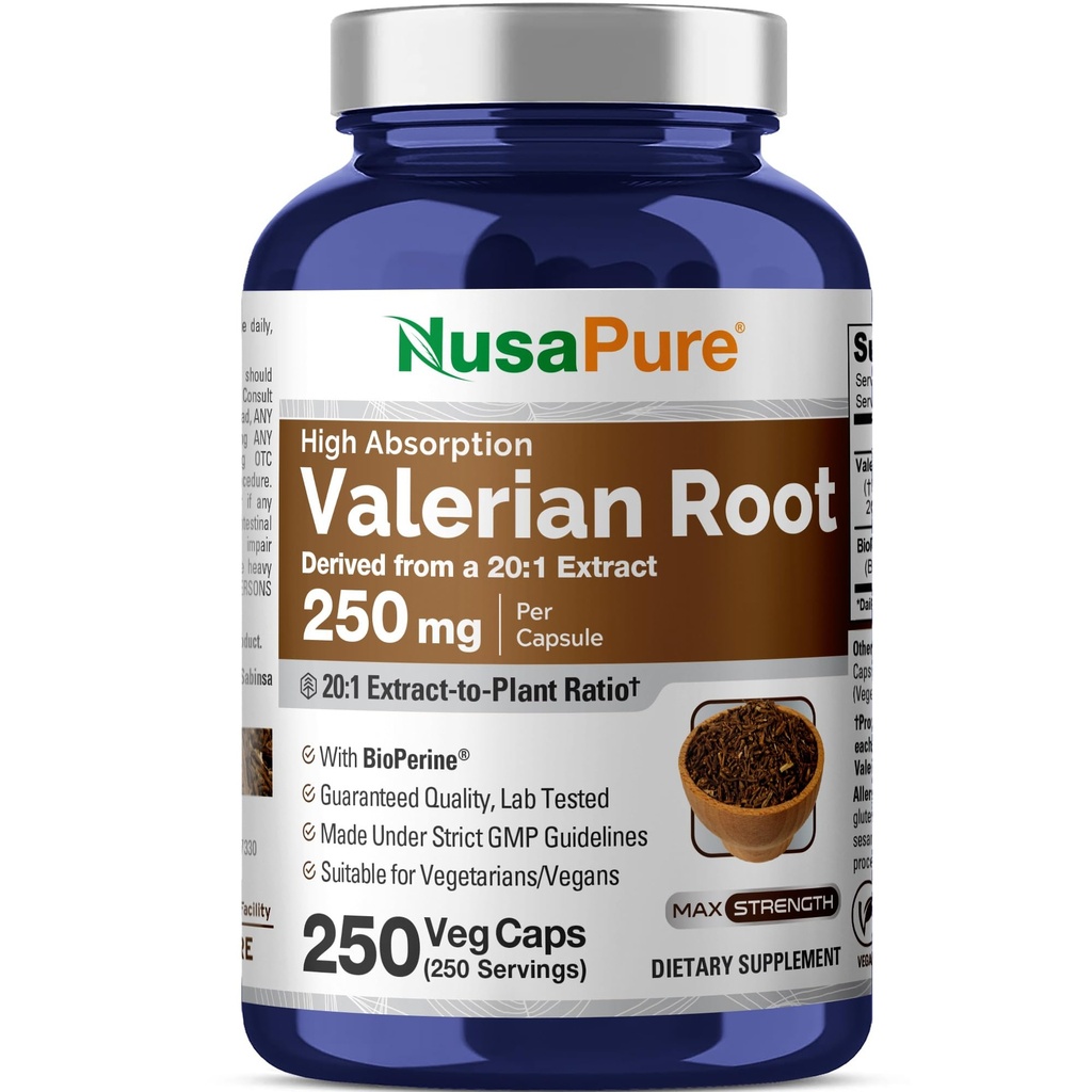 NusaPure Valerian Root Capsules, 250 mg, 250 Veg Capsules (Non-GMO, Vegan)