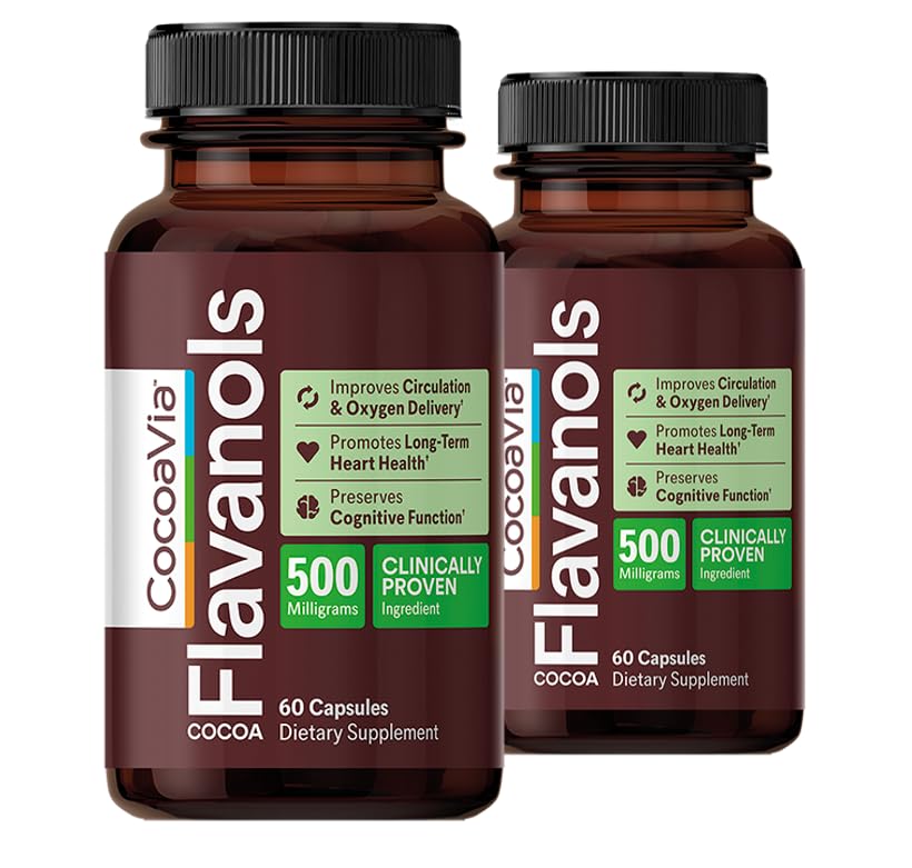 CocoaVia Cardio Health Supplement, 60 Ημέρα, 500mg Cocoa Flavanols, Υποστηρίξτε την υγεία της καρδιάς, Ενισχύστε το νιτρικό οξείδιο, Κυκλοφορία αίματος, Ενέργεια, Vegan, Σκούρο σοκολάτα, 120 κάψουλες