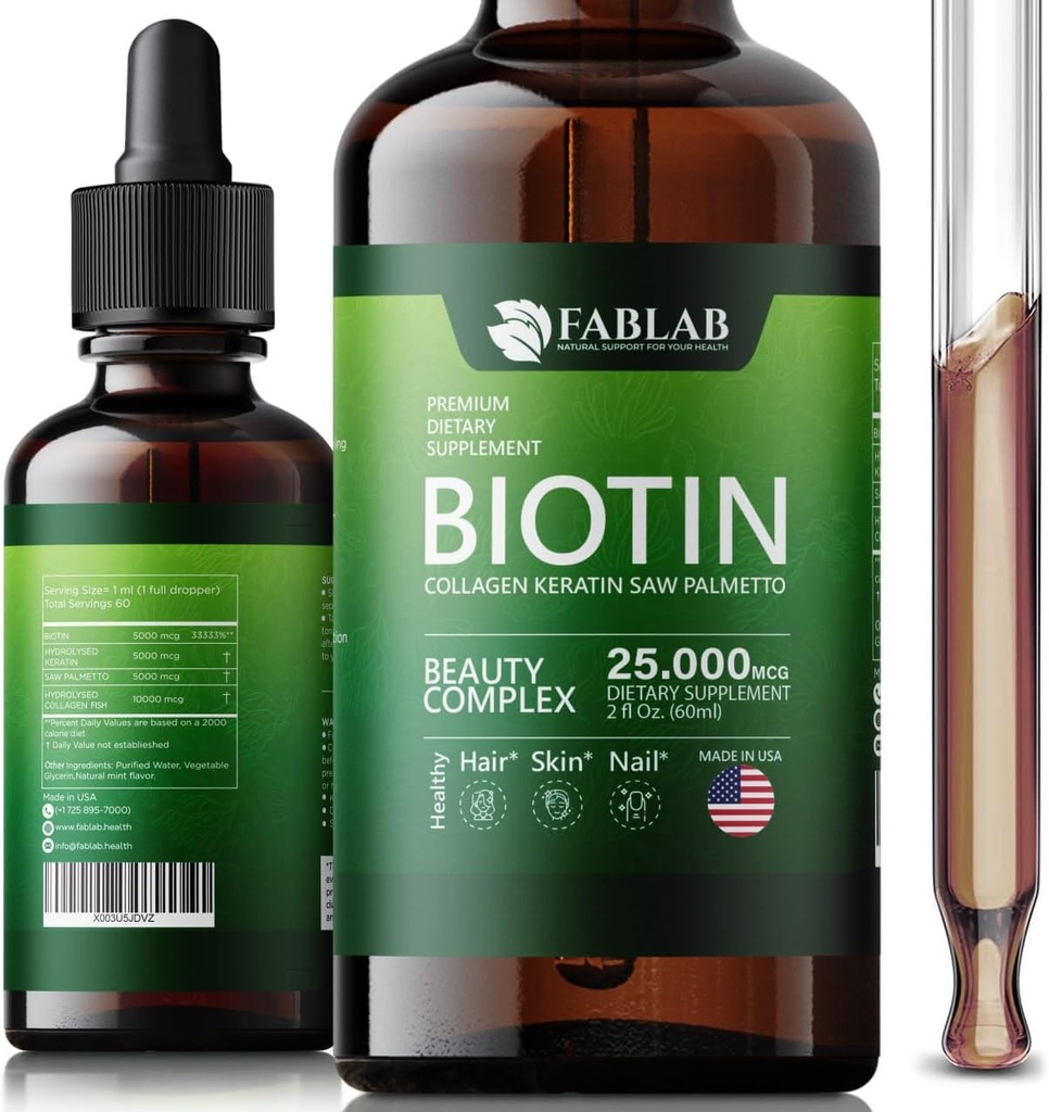 FabLab Biotin με κολλαγόνο, κερατίνη και πριόνι Palmett 25000msg Extract - Υγιές δέρμα μαλλιών & νύχια για ενήλικες, χωρίς πληρωτή, χωρίς Stearate-Anti γήρανση κολλαγόνο Βιταμίνες για άνδρες & γυναίκες- 2 Fl Oz