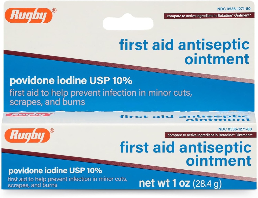 Rugby First Aid Antiseptic Ointment, Povidone Iodine USP 10% Topical Solution, Helps Prevent Infection in Minor Cuts, Scrapes and Burns - 1 Oz.