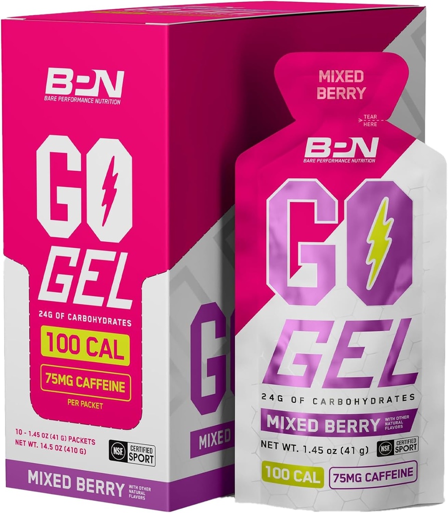 ΔΙΑΤΡΟΦΗ ΕΠΙΔΟΣΕΩΝ BARE, BPN Go Gel Endurance, 24g υδατάνθρακες & 100 θερμίδες ανά συσκευασία, Vegan + Gluten Free Running Gel, 10 Single-Serving Packs, Caffeinated Mixed Berry
