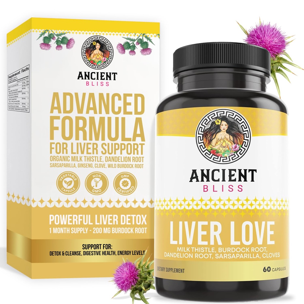 Ancient Bliss Liver Love - Φυσικό γάλα Thittle Liver Detox και Liver Health Cleanse συμπλήρωμα - Υποστήριξη Υγιές συκώτι σε άνδρες και γυναίκες - 60 κάψουλες - με Burdock, Dandelion, γαρύφαλλα, και περισσότερα