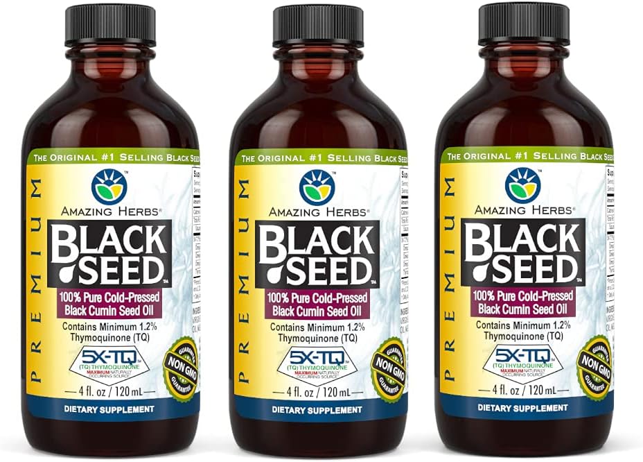 Amazing Herbs Premium Black Seed Oil - Χωρίς γλουτένη, Μη ΓΤΟ, Ψυχρό Πιέζεται Nigella Sativa Aids σε Digestive Υγεία, Ανοσοποιητική Υποστήριξη, λειτουργία εγκεφάλου - 4 Fl Oz (πακέτο των 3)