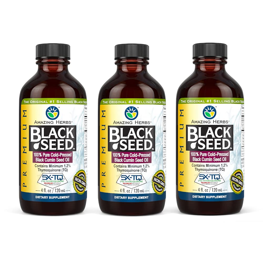 Amazing Herbs Premium Black Seed Oil - Χωρίς γλουτένη, Μη ΓΤΟ, Ψυχρό Πιέζεται Nigella Sativa Aids σε Digestive Υγεία, Ανοσοποιητική Υποστήριξη, λειτουργία εγκεφάλου - 4 Fl Oz (πακέτο των 3)