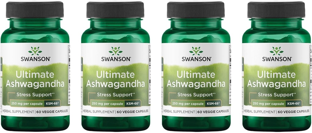 Swanson Ultimate Ashwagandha KSM-66 - Βότανο συμπλήρωμα Υποστήριξη Υγιεινού Στρες Επίπεδα & Χαλάρωση - Φυσική Φόρμουλα για την προώθηση ενός ήρεμου & χαλαρωμένο Mindset - (60 κάψουλες λαχανικών, 250mg το καθένα) (4 Συσκευασία)