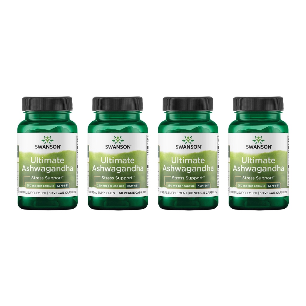 Swanson Ultimate Ashwagandha KSM-66 - Βότανο συμπλήρωμα Υποστήριξη Υγιεινού Στρες Επίπεδα & Χαλάρωση - Φυσική Φόρμουλα για την προώθηση ενός ήρεμου & χαλαρωμένο Mindset - (60 κάψουλες λαχανικών, 250mg το καθένα) (4 Συσκευασία)