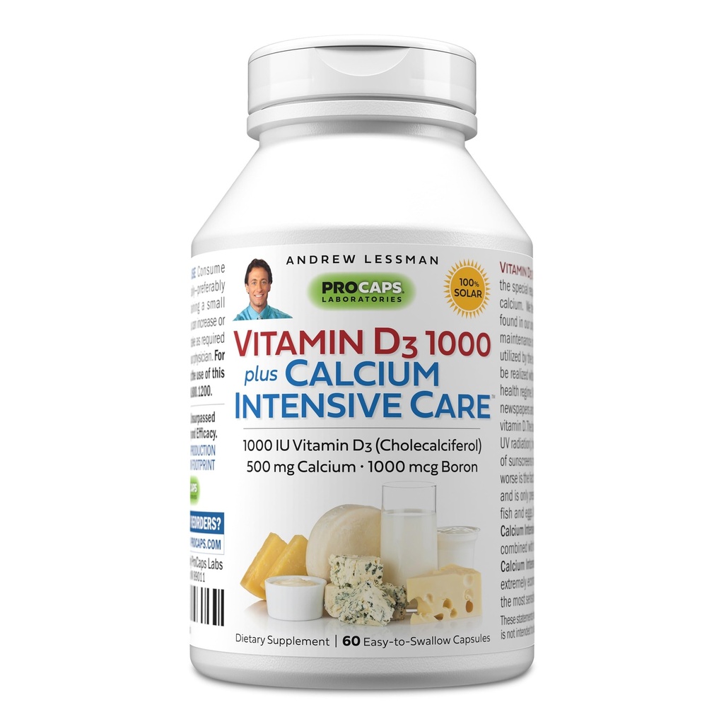 ANDREW LESSMAN Βιταμίνη D3 1000 Plus Calcium Intensive Care 60 Κάψουλες - Απαραίτητη για την απορρόφηση ασβεστίου, υποστηρίζει την υγεία των οστών, υγιή μυϊκή λειτουργία. Ευγενικό, εύκολο να απορριφθεί. Χωρίς πρόσθετα
