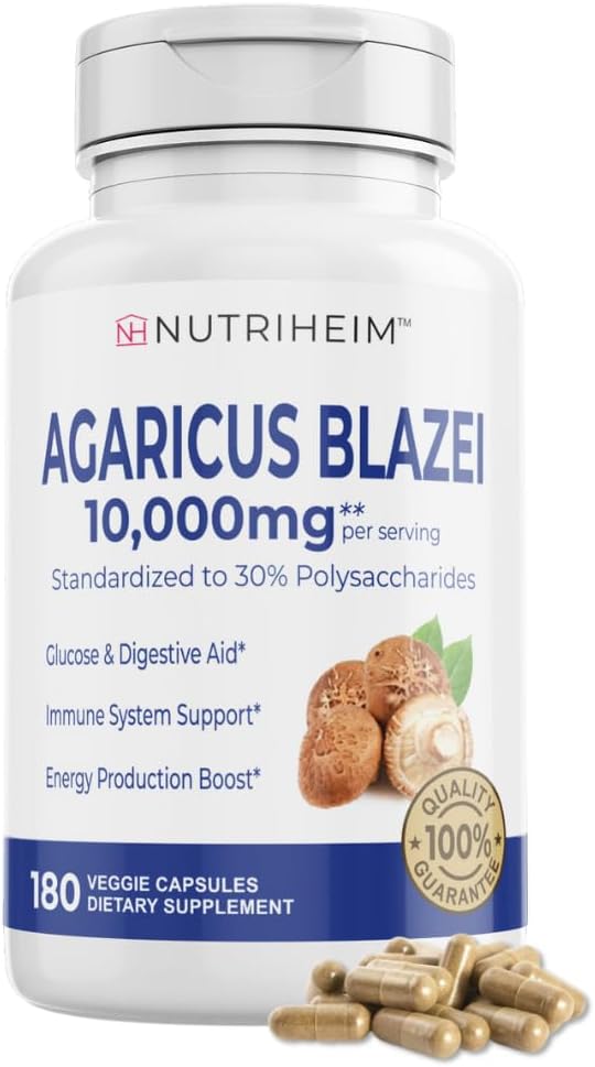 Agaricus Blazei Organic Mushroom Extract for Immune & Energy Support - 30% Πολυσακχαρίτες & 180 κάψουλες λαχανικών - Μη ΓΤΟ, Χωρίς γλουτένη, Συμπλήρωμα Vegan-Friendly