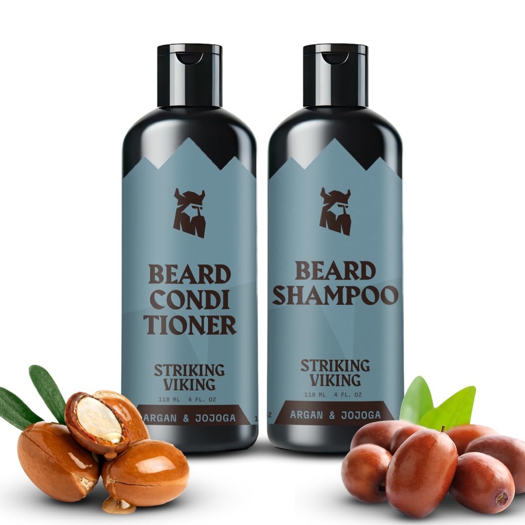 Striking Viking Beard Shampoo and Conditioner Set – 4 Fl Oz Καθένας, Φρέσκος Αρωματικός Αρωματικός Αρωματικός Αρωματικός - Γυμνός Πλύσιμο και Conditioner για Άνδρες - Καθαρίζει & Απαλύνει, με λάδι Argan & Jojoba - Sulfate & Paraben Free