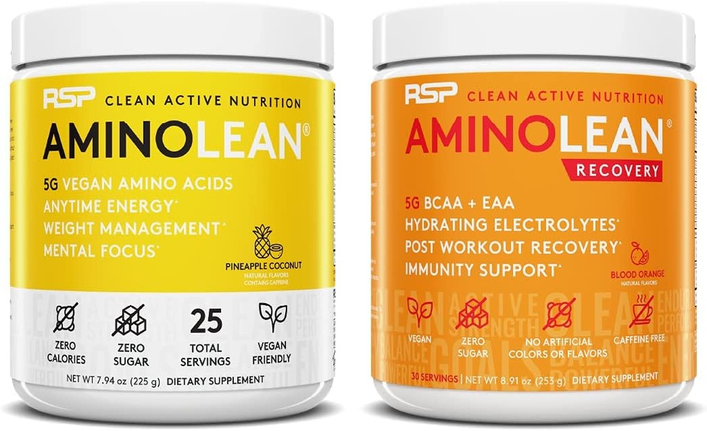 RSP NUTRITION Vegan AminoLean προ της προπόνησης ενέργεια (Pineapple Coconut 25 εξυπηρετούν) με AminoLean ανάκτηση Post προπόνηση ενίσχυση (Blood Orange 30 εξυπηρετούν)