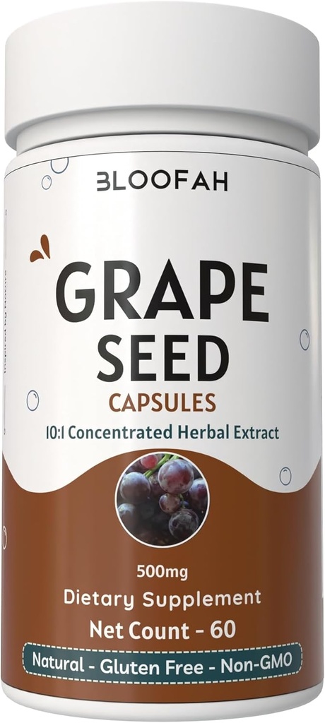 Grape Seed Capsules 500mg | 10:1 Concentrated Extract | Natural Herbal Supplement | Non-GMO, Gluten-Free | Grape Seed Powder for Daily Wellness (60 Count (Pack of 1))