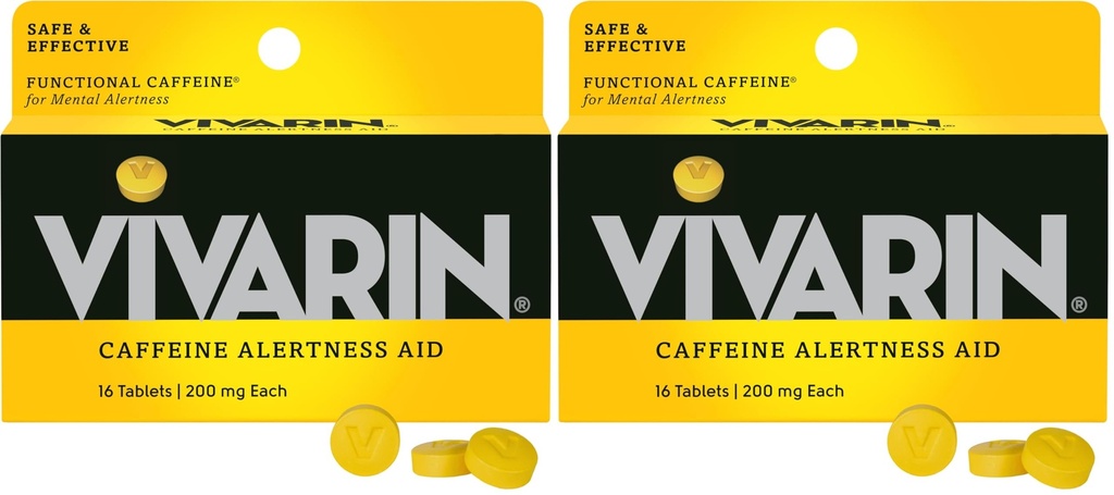 Vivarin, χάπια καφεΐνης, 200mg καφεΐνη ανά δόση, Ασφαλώς και αποτελεσματικά σας βοηθά να μείνετε Ξύπνα, χωρίς ζάχαρη, θερμίδες ή κρυμμένα συστατικά, συμπλήρωμα ενέργειας, 16 δισκία (πακέτο του 2)