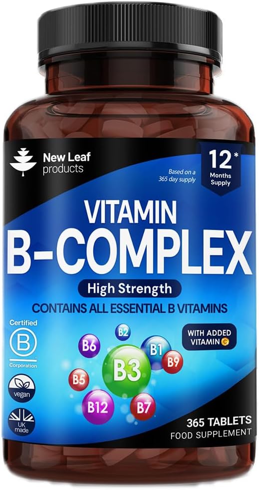 Vitamin B Complex - 365 Μικρά Δισκία (Προμήθεια ενός έτους) Υψηλή Δύναμη Όλες οι 8 Β Βιταμίνες B1-B2-B3-B5-B6-B12, Βιοτίνη, Φολικό Οξύ και Βιταμίνη C - Μείωση της Κουρασμού, Ενέργειας & Ανοσοποιητικής Υποστήριξης - UK Made