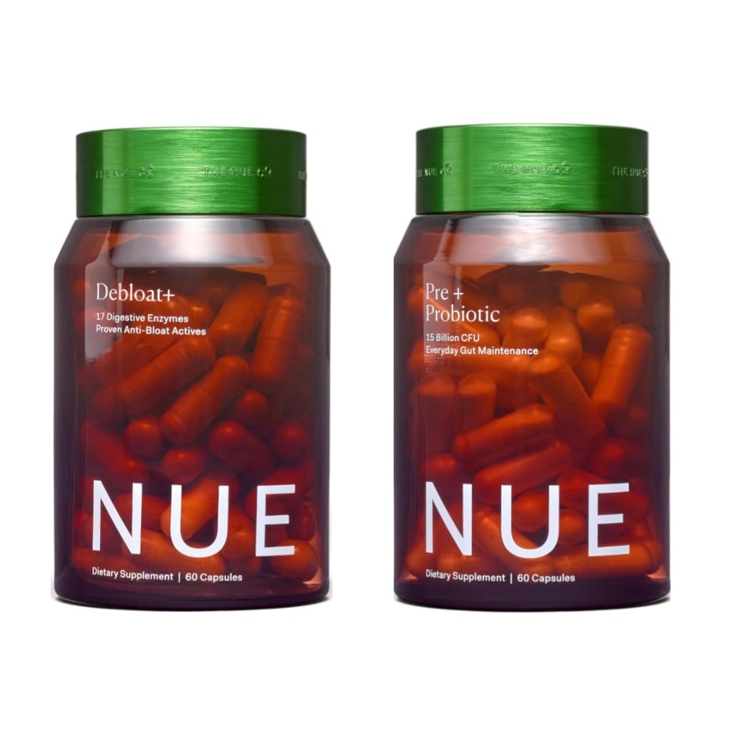 The Nue Co. (Debloat+ & Pre+ Probiotic Gut Health Supplement - Supports Digestive Balance, Reduced Bloating & Microbiome Health - Vegan, Clean & Gluten Free Daily Gut Health Regimen | 120 Capsules