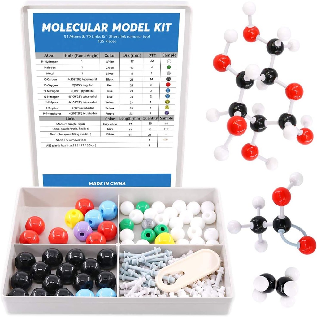 Swpeet 125 Pcs Molecular Model Kit για Ανόργανο & Βιολογικό Μοριακό Μοντέλο Δάσκαλος και 16 Χρόνια και Πάνω Φοιτητική Κιτ - 54 Atoms & 70 Links & 1 Σύντομη Remover Tool - Science Toys