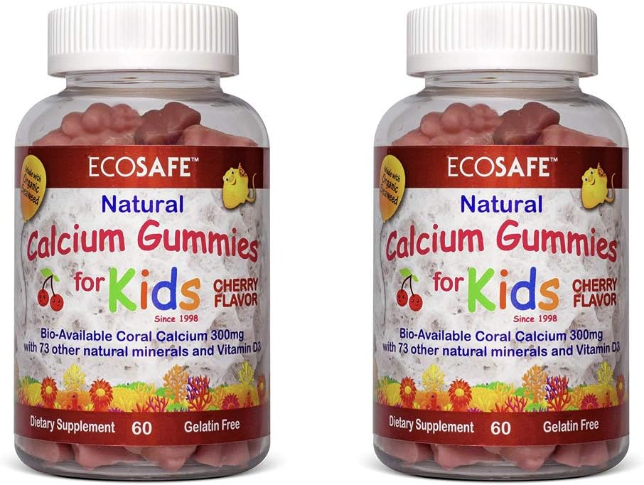Βιταμίνη Ασβέστου Κοραλλιογενών D3 Παιδιά Gummy, Φυσικό άρωμα κερασιού, Μη ΓΤΟ, Χωρίς γλουτένη, Χωρίς γαλακτοκομικά, Χωρίς σόγια και Ζελατίνη Δωρεάν - 300 mg ασβεστίου, και 800 IU Βιταμίνης D3-60 Gummies (1 Συσκευασία)