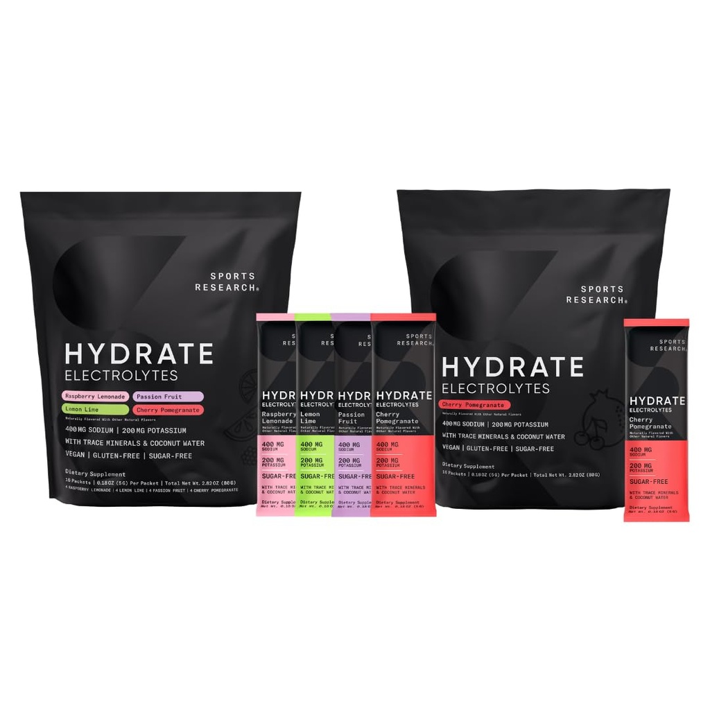 Sports Research Hydrate Electrolytes Combo Pack - Χωρίς ζάχαρη & Φυσικά Γεύση με Βιταμίνες, Ορυκτά και Νερό καρύδας - Υποστηρίζει Ενυδάτωση - 32 Πακέτα - Τσέρι Ρόδι