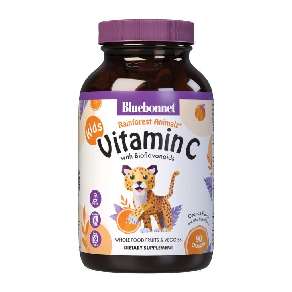 Bluebonnet Διατροφή τροπικό δάσος Animalz Βιταμίνη C Ζωικό Σχήμα Μασώμενα δισκία, 250mg βιταμίνης C, χωρίς σόγια, χωρίς γλουτένη, Kosher Πιστοποιημένο, Γαλακτοκομικό, Vegan, 90 δισκία, 45 εξυπηρετούν, Πορτοκαλί Γεύση