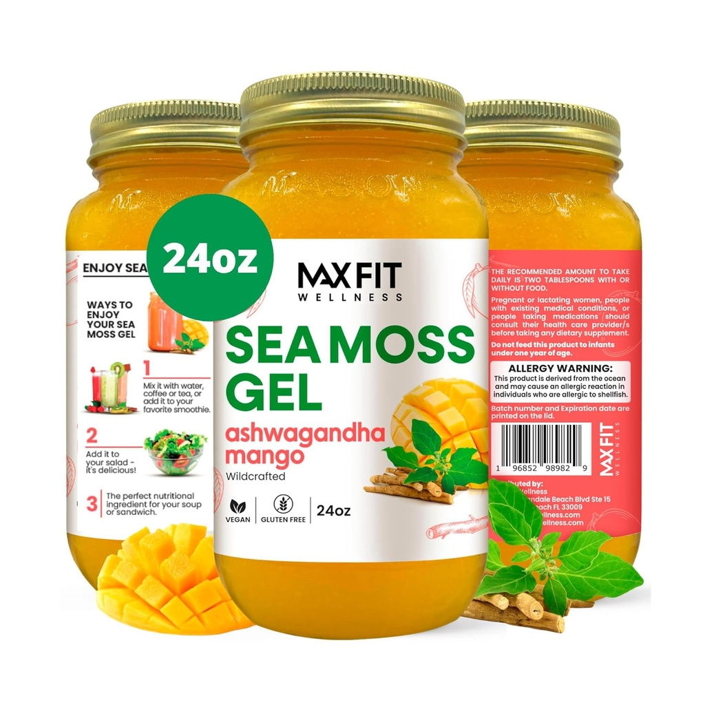 Sea Moss Gel Ashwagandha Mango (25 Γεύσεις) 24oz Wildсrafted Gold Sea Moss Gel από την Αγία Λουκία 