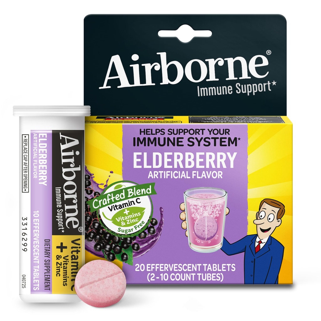 Airborne Elderberry Extract + Βιταμίνη C 1000mg (ανά Σερβίρισμα) - Αναβράζοντα Δισκία (20 Μέτρα σε Κουτί), Συμπλήρωμα Ανοσολογικής Υποστήριξης Χωρίς Γλουτένη, με Βιταμίνες A C E, Ψευδάργυρος, Σελήνιο, Χωρίς Ζάχαρη