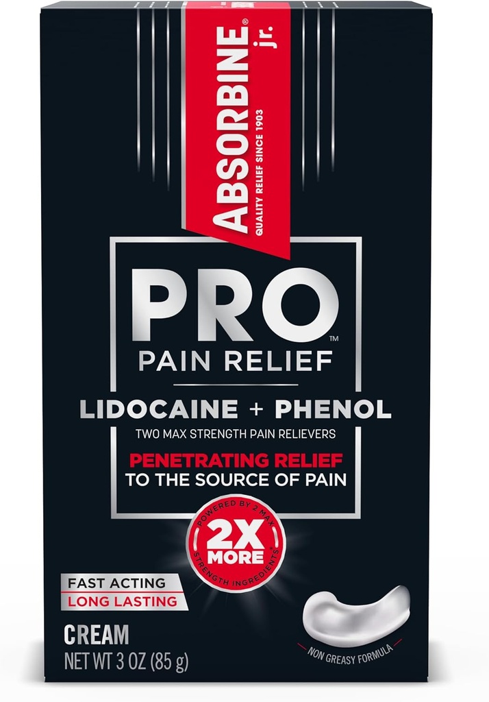 ABSORBINE JR. Absorbine Jr. PRO Max Strength Lidocaine Cream, Maximum Pain Relief with Phenol for Fast-Acting of Nerve Pain, Muscle Aches, and Joint Discomfort, Non-Greasy Formula, 3oz. Tube, 1