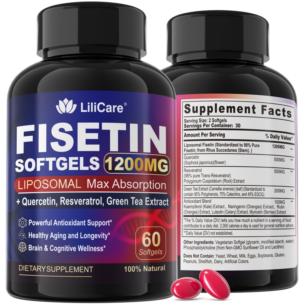 Συμπλήρωμα φισετίνης - Liposomal Super Απορρόφηση 98% Καθαρή 1200mg με Quercetin, Resveratrol, Πράσινο εκχύλισμα τσαγιού για υγιή γήρανση & μακροζωία, Υγεία του δέρματος, Εγκέφαλος & Αντιοξειδωτικό - 60 Softgels