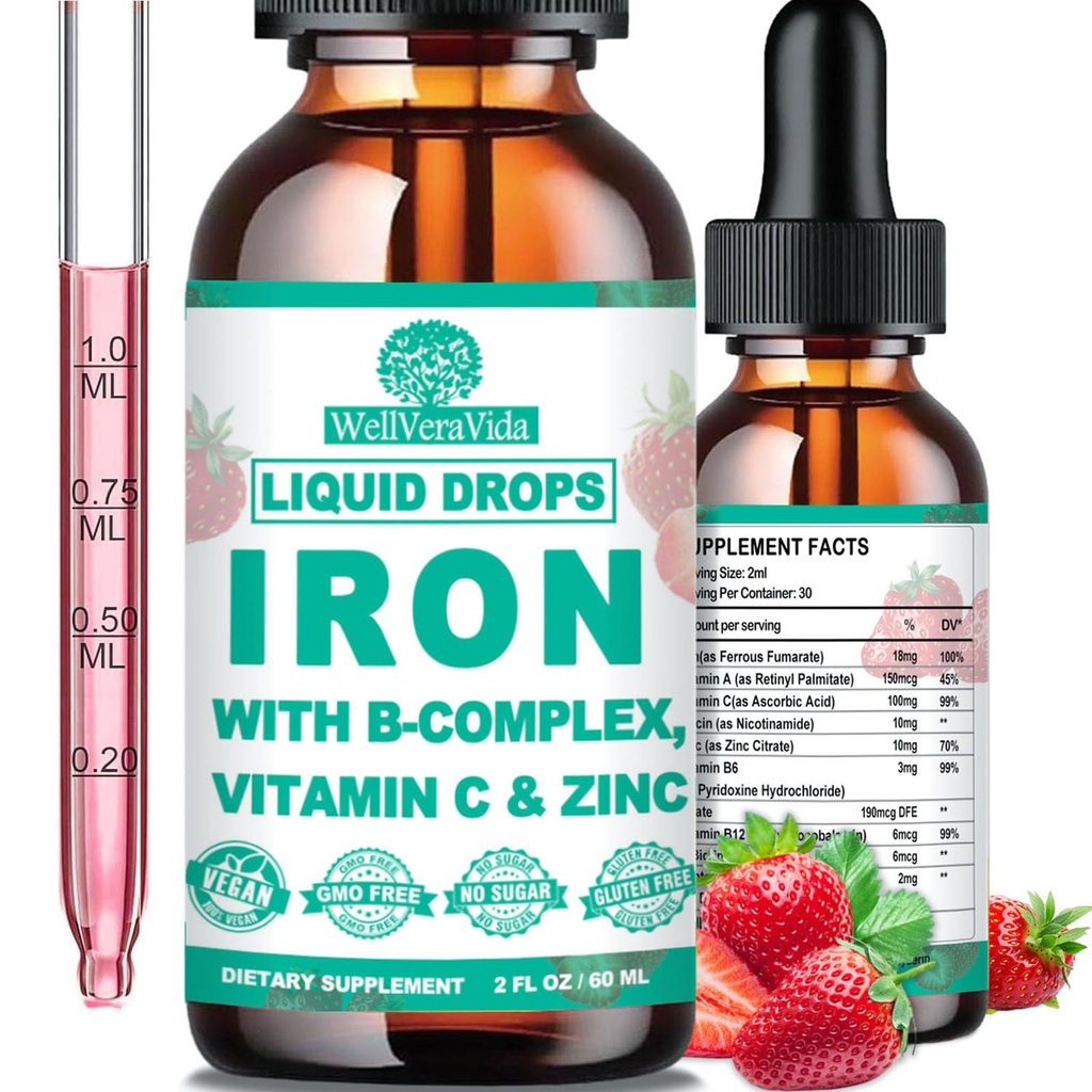 Υγρό συμπλήρωμα σιδήρου w/Vitamin C, B-Complex, Υψηλής ισχύος υγρό σιδήρου w. Πολυβιταμίνη, Vegan σιδήρου σταγόνες για τις γυναίκες, τα παιδιά, Χηλικό συμπλήρωμα υγρού σιδήρου για την αναιμία, τη κόπωση, την υποστήριξη των ερυθρών αιμοσφαιρίων