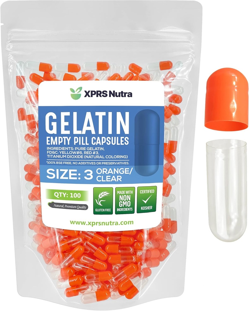 XPRS Nutra Size 3 Empty Capses - 100 Count Empty Gelatin Κάψουλες - Χάπια DIY Καψάκιο Γέμισμα - Pure Bovine Pill Caps Γέμισμα για Do-It-Yourself Βιταμίνες και Συμπληρώματα (Orange/Clear)