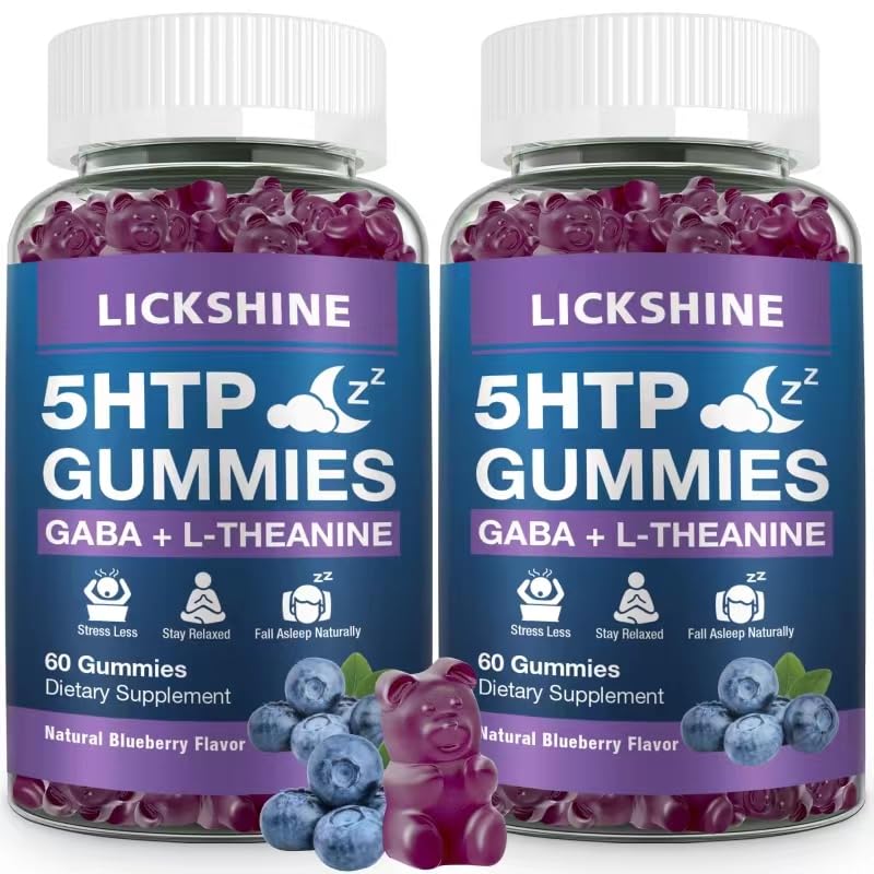 2 Συσκευασία 300MG 5-HTP GABA Gummies συμπλήρωμα ύπνου με 200mg L-Θεανίνη συμπλήρωμα για τον εγκέφαλο, σταθεροποιητή Mood και υποστήριξη ύπνου, χωρίς μελατονίνη, Ωμέγα 3-6-9 για φυσικό Zzzs, άρωμα βατόμουρο