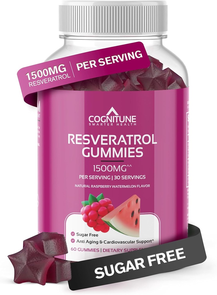 Cognitune Resveratrol Gummies – Χωρίς ζάχαρη 1500mg αντιοξειδωτικό συμπλήρωμα για την καρδιά, τον εγκέφαλο και το ανοσοποιητικό υποστήριξη – Ισχυρό κατά της γήρανσης Trans Resveratrol Chews για μακροζωία & ευεξία