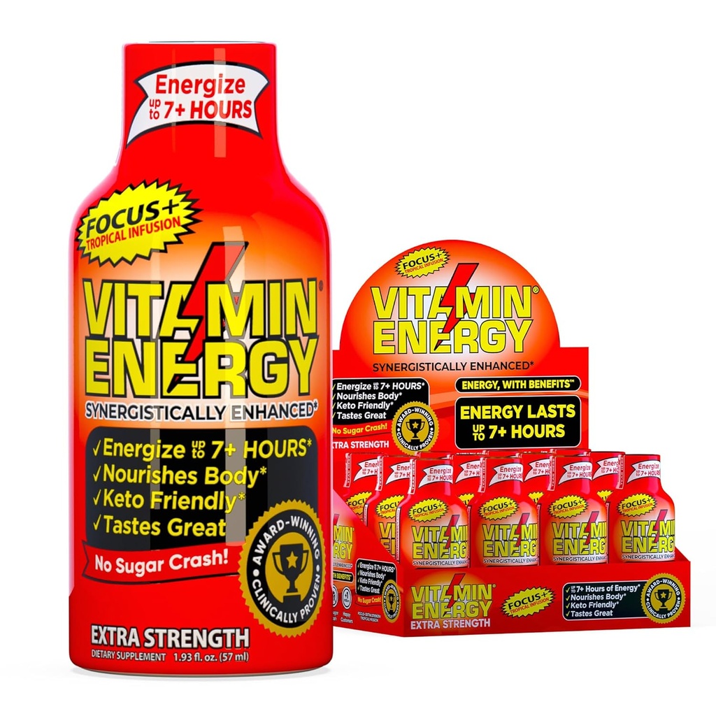 Vitamin Energy Focus+ Extra Strength Energy Shot Tropical Infusion 12 Pack, 260mg Natural Caffeine, B-Vitamins, CoQ10, Amino Acids, Focus, Productivity & Clarity, Zero Sugar, Gluten-free, 1.93 fl oz