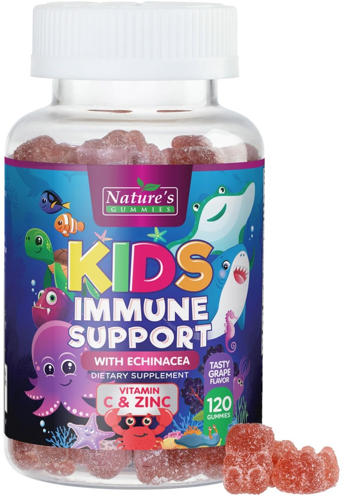 Παιδική Ανοσοποιητική Υποστήριξη Gummies συμπλήρωμα - Καθημερινή Παιδιά Βιταμίνες C, ψευδάργυρος & εχινάκεια - Gummy για τα παιδιά Υποστήριξη Ανοσίας, Ηλικίες 4 και πάνω, Φυσικό μούρο Γεύση, μη-GMO, Χωρίς γλουτένη & Vegan - 120 Gummies
