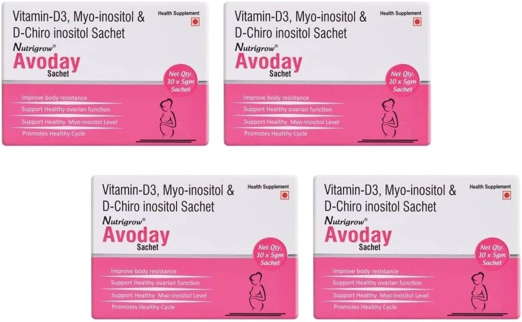 NUTRIGROW AVODAY Powder Supply 40 Ημέρες/Aid Ovarian Function Support for Women - Ρυθμίστε τις ορμονές σας/Vitamin d3 myo- ινοσιτόλη & D Chiro inositol / Συμπληρώματα υγείας / Metabolism Booster Pack of 4