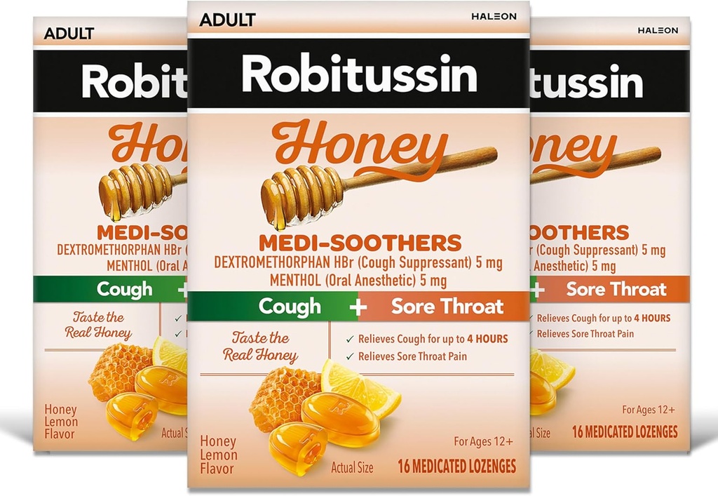 Robitussin Medi-Sooths Μέλι Λαρύγγι Λαιμού Λεμόνι Lozenges, Long-Lasting Cough + Sore Lroat Pain Relief - 48 Count (3 x 16ct Packs)