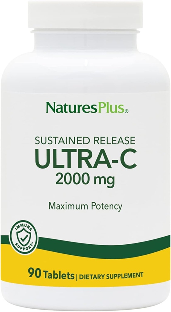 Natures Plus Ultra- C 2000 mg - 90 δισκία - Βιταμίνη C με Rose HIPS - Ανοσοποιητική & Αντιοξειδωτική Υποστήριξη - Χορτοφαγική, Χωρίς Γλουτένη - 90 Σερβιέτες
