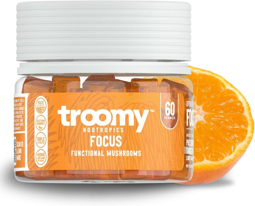 Troomy Lion's Mane Focus Gummies 60 Count - Φυσική Ταγγέρη και Παθόφρουτ Γεύση, Ζελατίνη-ελεύθερο, Γλουτένη-ελεύθερο, χορτοφάγοι